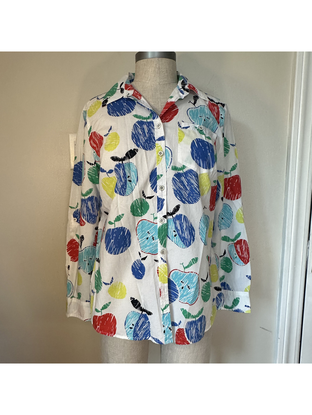 Talbots Petites Apple Print Cotton Button Up Shirt Size SP Art Teacher